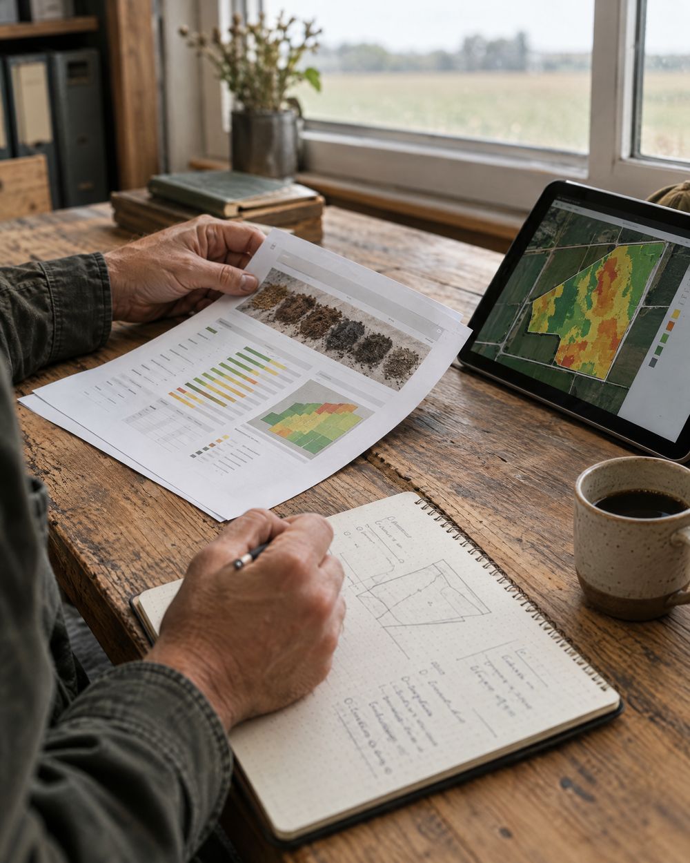 Mãos analisando um relatório de análise de solo e um mapa da lavoura num tablet